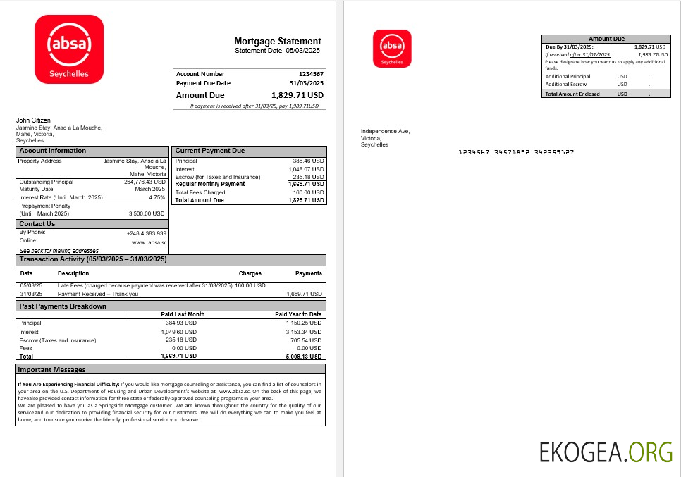 Relevé hypothécaire de la banque ABSA des Seychelles aux formats Word et PDF